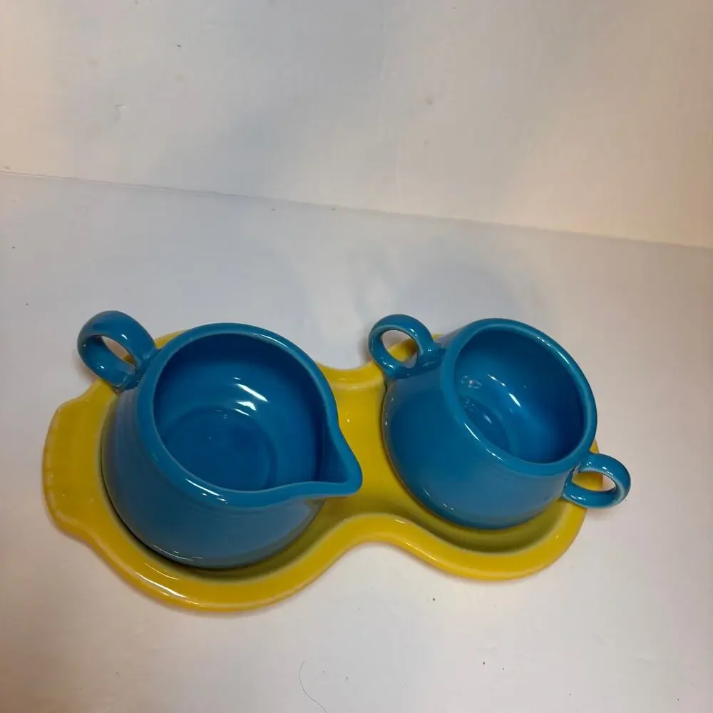 Fiesta Fiestaware Sugar & Creamer Set w Figure 8 Tray Yellow & Blue Mix n Match